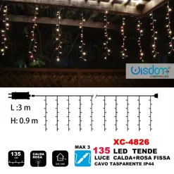 TENDA LUMINOSA NATALIZIA 135LED LUCE CALDA + ROSA FISSA CAVO TRASPARENTE XC-4826