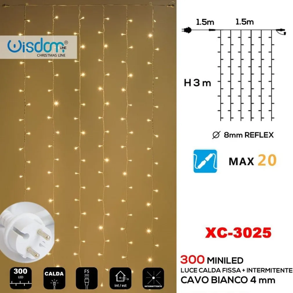 TENDA LUMINOSA NATALIZIA 300 LED LUCE CALDA FISSA + BIANCA INTERMITTENTE XC-3025