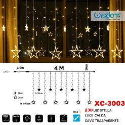 TENDA LUMINOSA NATALIZIA 230 LED CON STELLE LUCE CALDA CAVO TRASPARENTE XC-3003