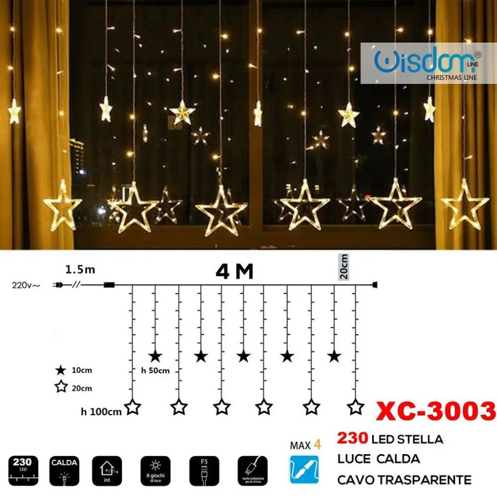 TENDA LUMINOSA NATALIZIA 230 LED CON STELLE LUCE CALDA CAVO TRASPARENTE XC-3003