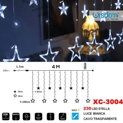 TENDA LUMINOSA NATALIZIA 230 LED CON STELLE LUCE BIANCA CAVO TRASPARENTE XC-3004