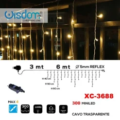 TENDA LUMINOSA NATALIZIA 300 MINI LED LUCE CALDA CAVO TRASPARENTE XC-3688