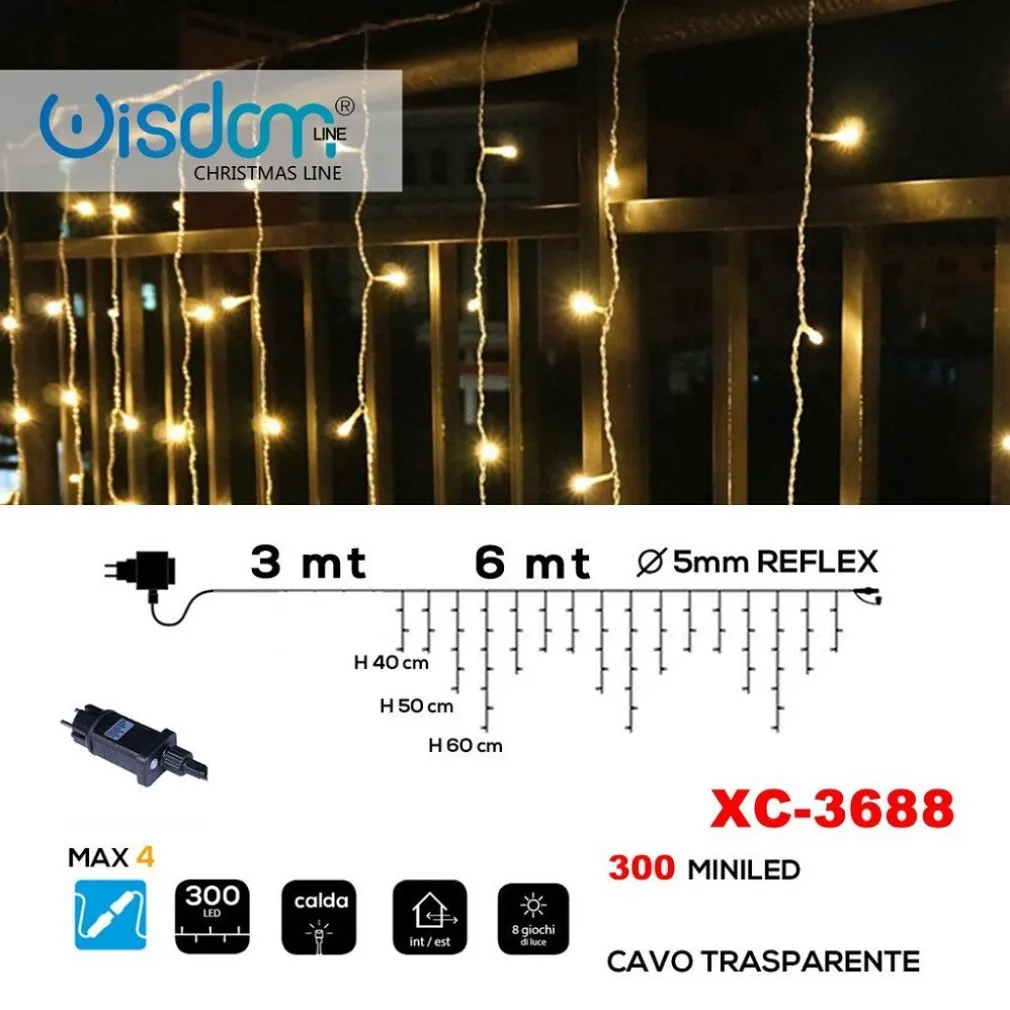 TENDA LUMINOSA NATALIZIA 300 MINI LED LUCE CALDA CAVO TRASPARENTE XC-3688