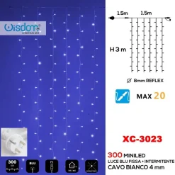TENDA LUMINOSA NATALIZIA 300 LED LUCE BLU FISSA + BIANCA INTERMITTENTE XC-3023
