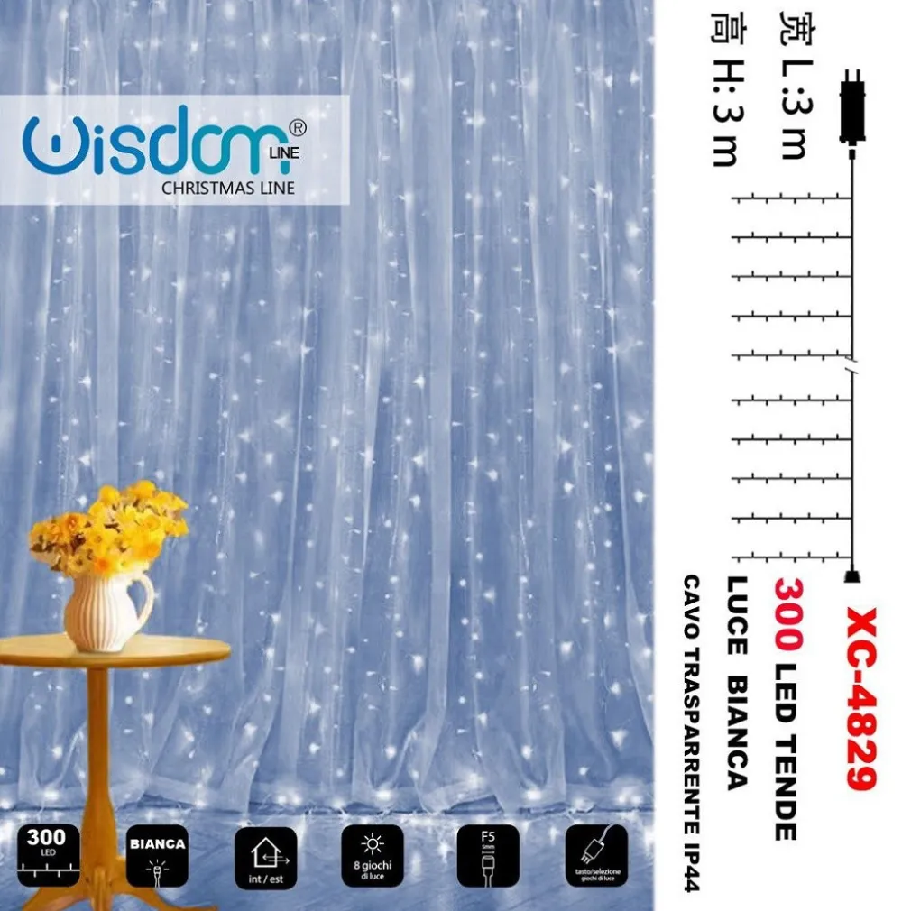 TENDA LUMINOSA NATALIZIA 300LED LUCE BIANCA CAVO TRASPARENTE 8GIOCHI LUCE XC4829
