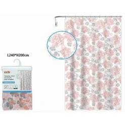 TENDA PER DOCCIA VASCA DA BAGNO 12 GANCI STAMPA FIORI ROSA GRIGI 240X200CM 87576