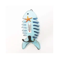 TERMOMETRO ANALOGICO LEGNO DA PARETE PESCE AZZURRO DOPPIO GANCIO PER CHIAVI