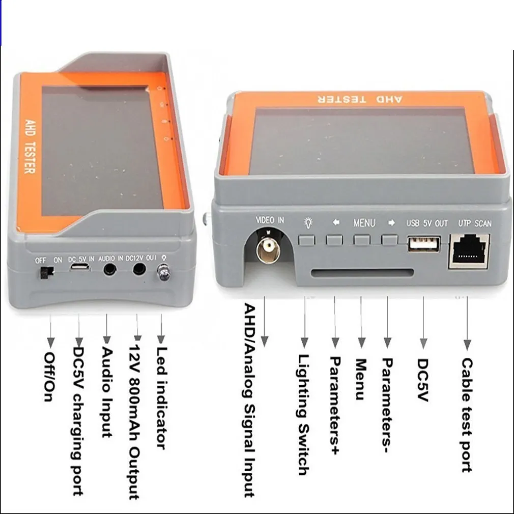 TESTER MONITOR TFT 4,3" TELECAMERE AHD DA POLSO BATTERIA INTERNA USCITA 12V UTP