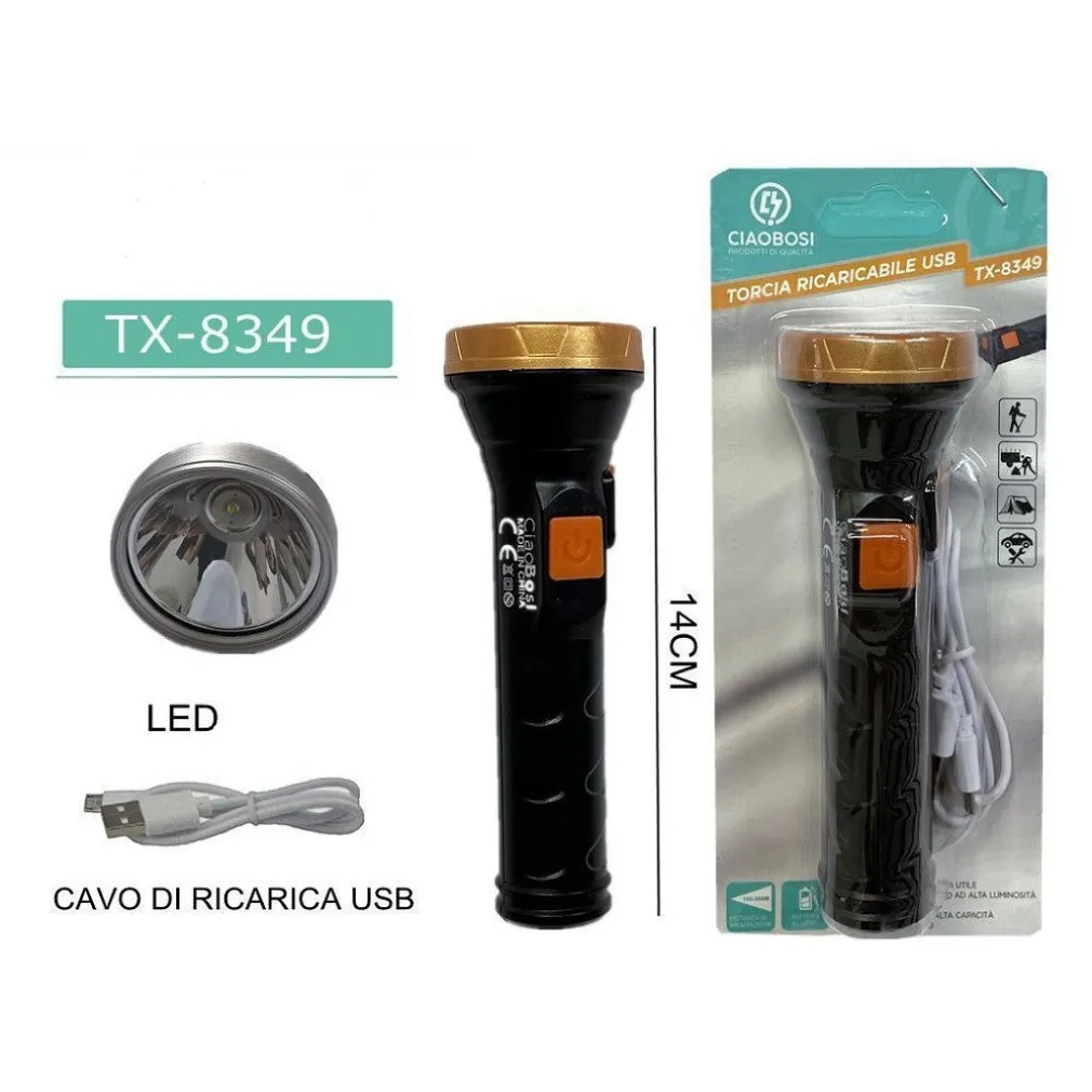 TORCIA ELETTRICA LUCE LED RICARICABILE USB PER ESCURSIONISMO CAMPEGGIO TX-8349