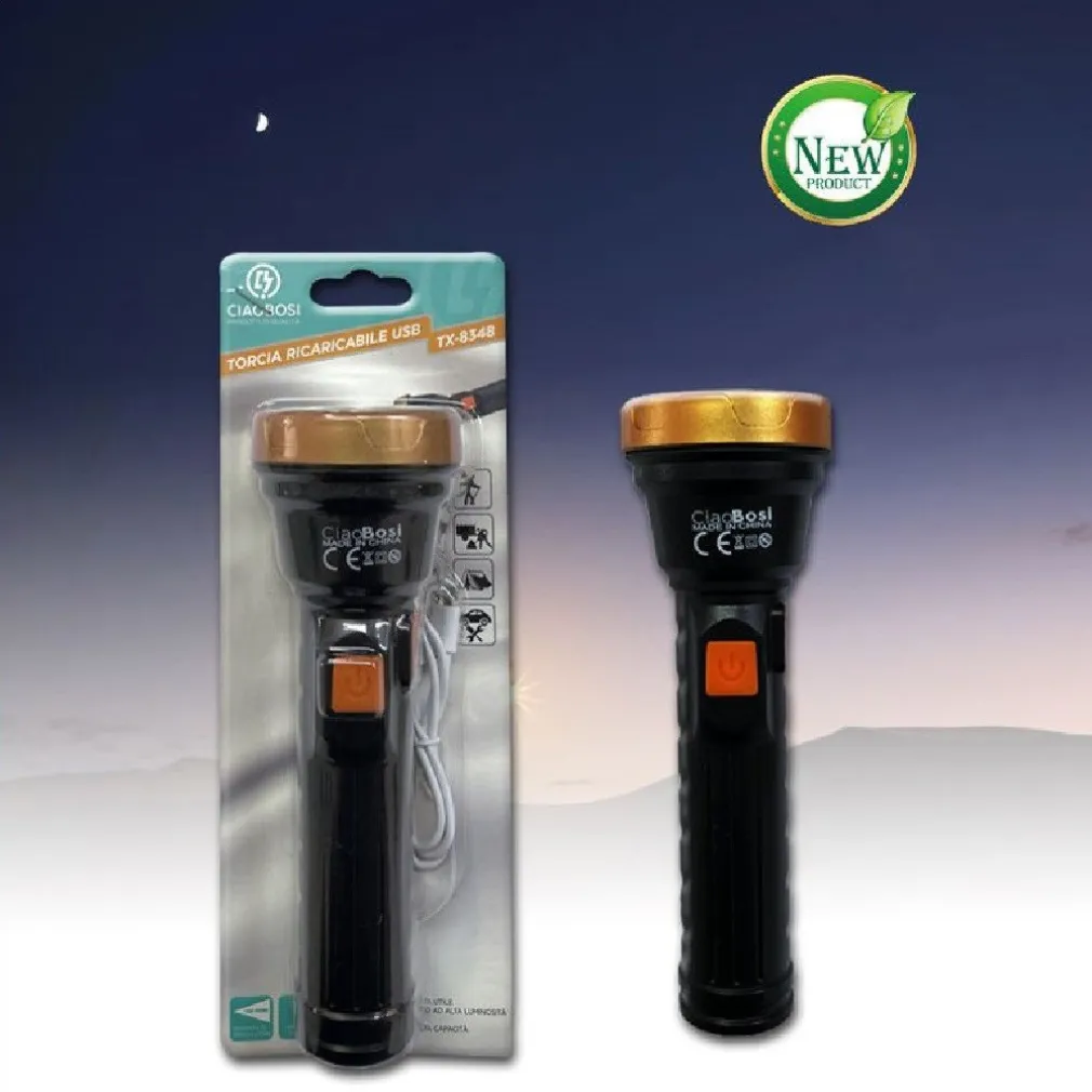 TORCIA ELETTRICA LUCE LED RICARICABILE USB PER CAMPEGGIO ESCURSIONI 17CM TX-8348