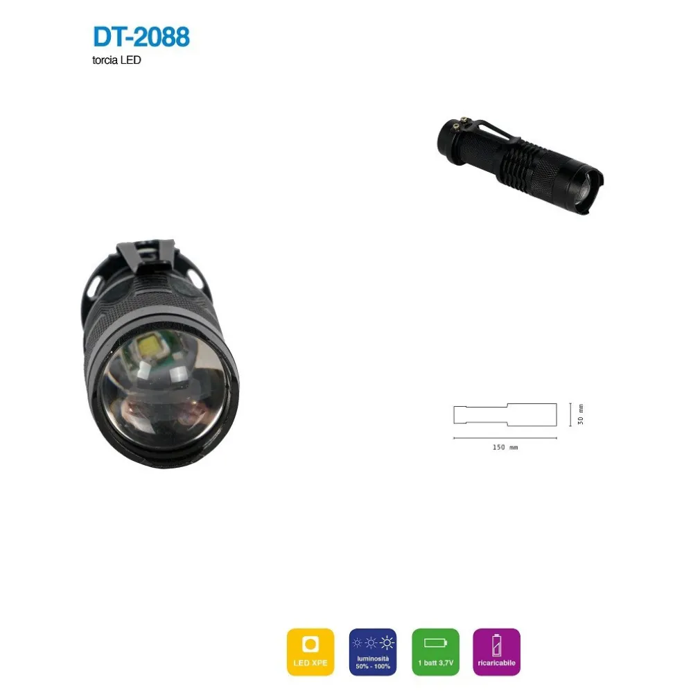 TORCIA LED XPE RICARICABILE LUCE REGOLABILE IP20 PER CAMPEGGI ESCURSIONI DT-2088