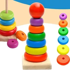 TORRE ARCOBALENO GIOCO IN LEGNO PIRAMIDE ANELLI IMPILABILI MONTESSORI 20X9 CM