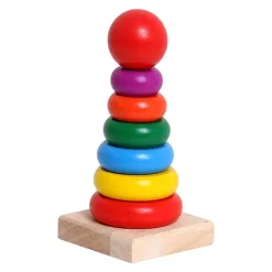 TORRE ARCOBALENO GIOCO IN LEGNO PIRAMIDE ANELLI IMPILABILI MONTESSORI 20X9 CM