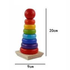 TORRE ARCOBALENO GIOCO IN LEGNO PIRAMIDE ANELLI IMPILABILI MONTESSORI 20X9 CM