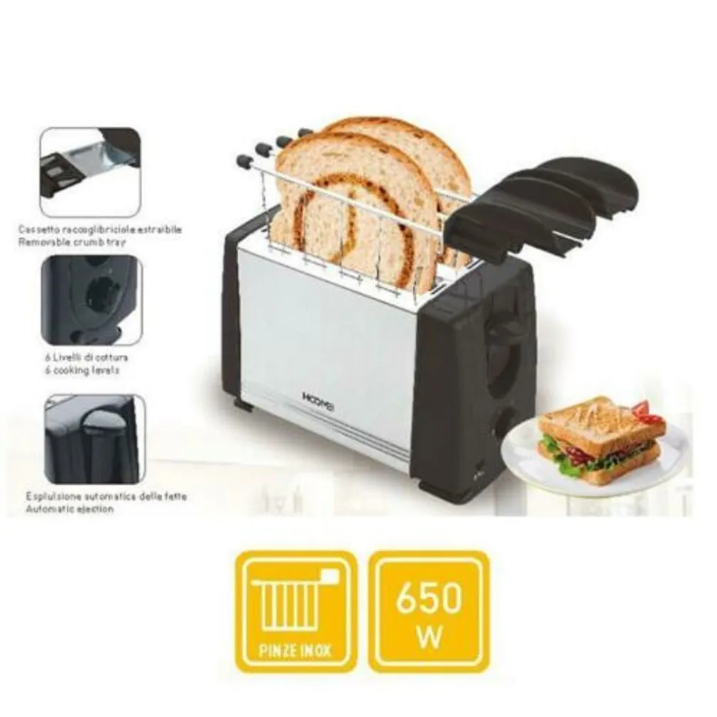 TOSTAPANE IN ACCIAIO TOSTIERA CON PINZE PER TOAST 2 FETTE TOASTER PIASTRA 650W
