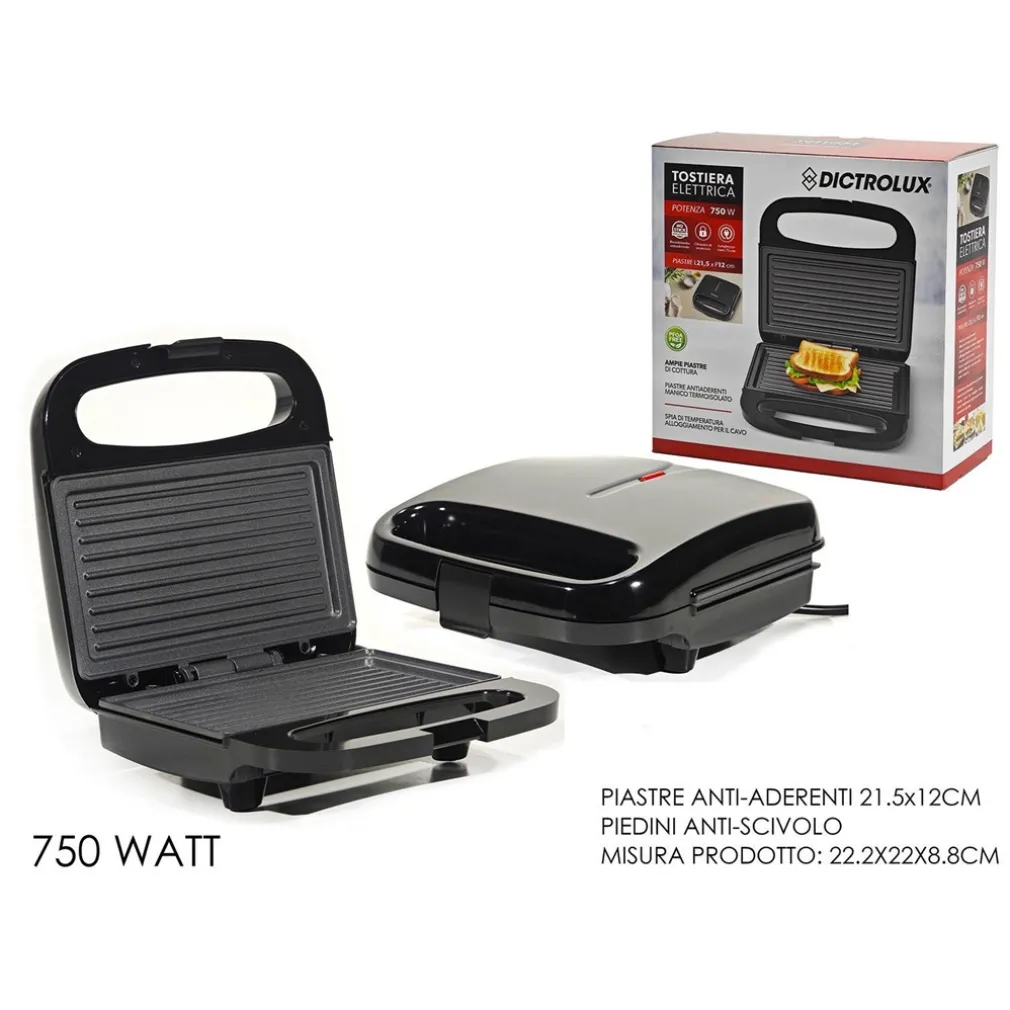 TOSTIERA ELETTRICA 750W AMPIE PIASTRE ANTIADERENTI PIEDINI ANTISCIVOLO MANICO TERMOISOLATO