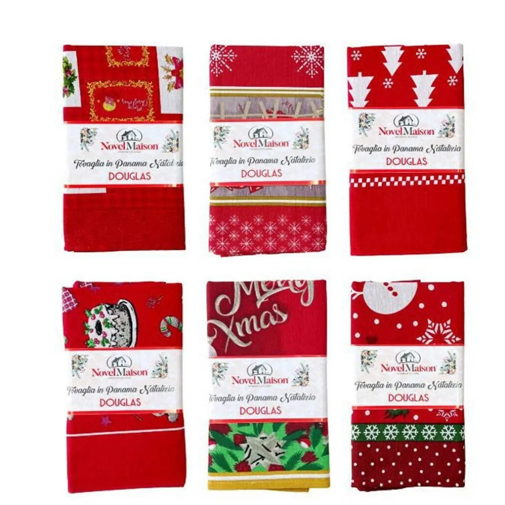 TOVAGLIA NATALIZIA TESSUTO PANAMA RESISTENTE TEMA NATALE VARIE FANTASIE 6 POSTI