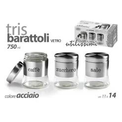 TRIS BARATTOLI BARATTOLINO 750ML 11X14CM VETRO SALE ZUCCHERO CAFFE 772016 ACCIAIO