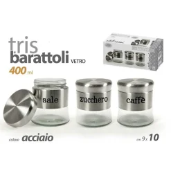 TRIS BARATTOLI COLORE ACCIAIO IN VETRO 9X10CM 400 ML SALE ZUCCHERO CAFFE' 816604