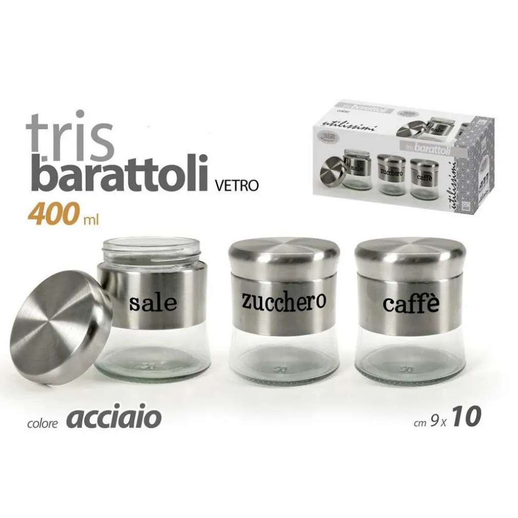 TRIS BARATTOLI COLORE ACCIAIO IN VETRO 9X10CM 400 ML SALE ZUCCHERO CAFFE' 816604