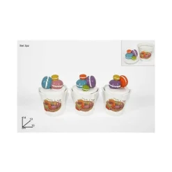 TRIS DI BARATTOLI IN CERAMICA CON TAPPO DECORO DI DOLCI MACARONS COLORATI 14X10