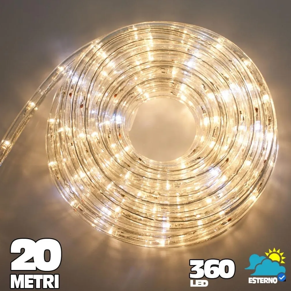 TUBO LUMINOSO A LED 360 LUCI BIANCO CALDO 20 METRI PER USO ESTERNO + CONTROLLER