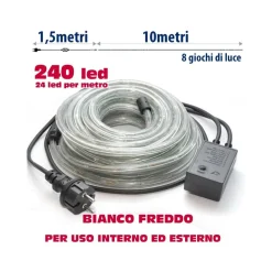 TUBO LUMINOSO NATALIZIO 10 METRI LED BIANCO FREDDO CON CONTROLLER 8 FUNZIONI