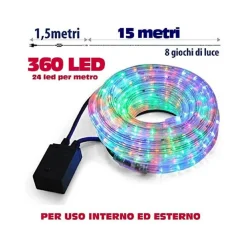 TUBO LUMINOSO NATALIZIO 15MT LED MULTICOLOR CONTROLLER 8 FUNZIONI PER ESTERNO