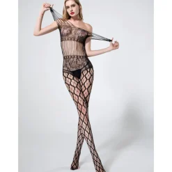 TUTINA A RETE CATSUIT LINGERIE HOT COMPLETO SEXY CON RICAMI TG UNICA NERO 70147