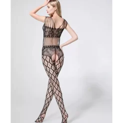 TUTINA A RETE CATSUIT LINGERIE HOT COMPLETO SEXY CON RICAMI TG UNICA NERO 70147
