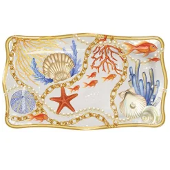 VASSOIO CENTROTAVOLA CON CONCHIGLIE CORALLI STILE MARINO SVUOTATASCHE 36x23 CM