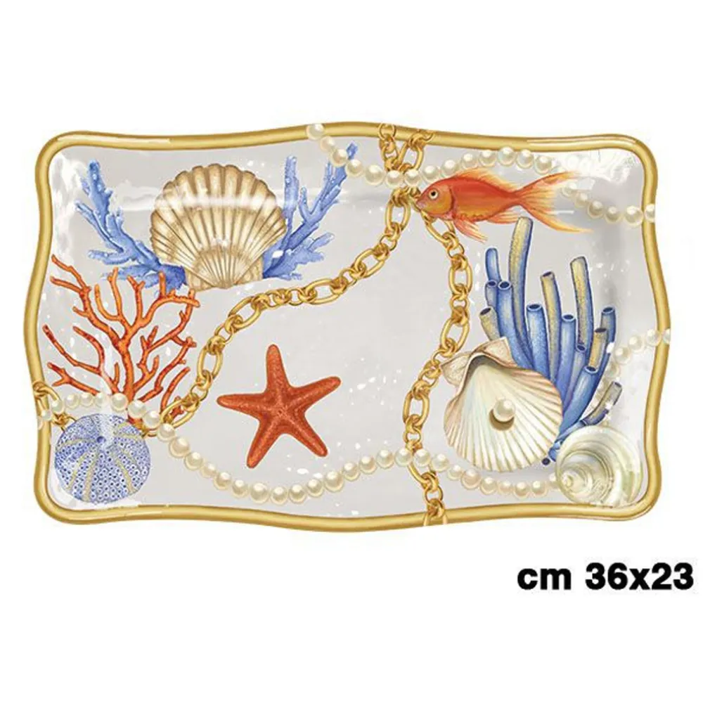 VASSOIO CENTROTAVOLA CON CONCHIGLIE CORALLI STILE MARINO SVUOTATASCHE 36x23 CM