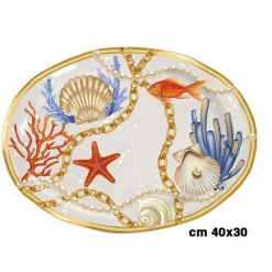 VASSOIO CENTROTAVOLA OVALE CON CONCHIGLIE E CORALLI IN STILE MARINO 40X30 CM