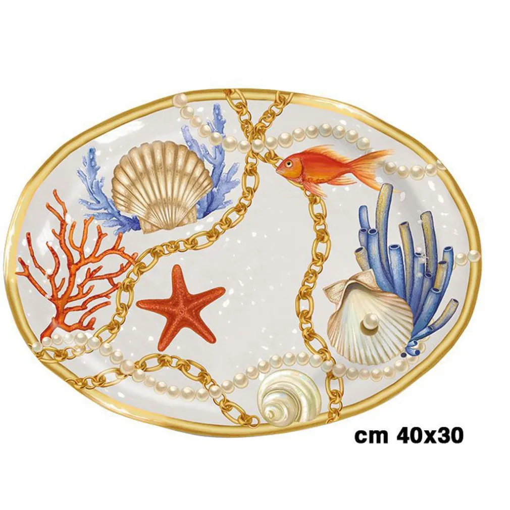 VASSOIO CENTROTAVOLA OVALE CON CONCHIGLIE E CORALLI IN STILE MARINO 40X30 CM