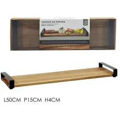 VASSOIO DA PORTATA RETTANGOLARE BASE IN LEGNO CON MANICI IN METALLO ARREDO TAVOLA CUCINA