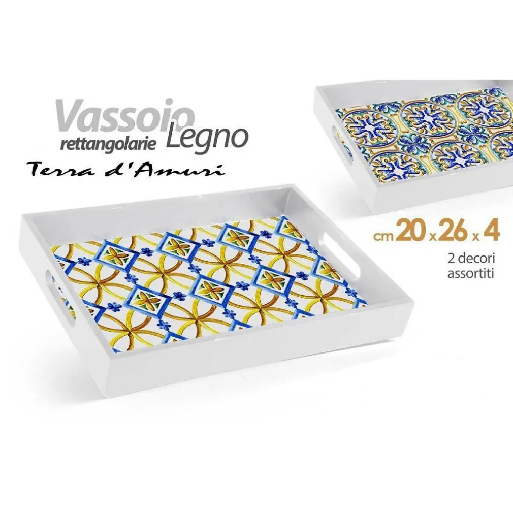 VASSOIO PORTATA RETTANGOLARE LEGNO 20X26X4CM CON MANICI 2 DECORI MOSAICO 822124