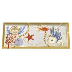 VASSOIO RETTANGOLARE CON CONCHIGLIE CORALLI STILE MARINO SVUOTATASCHE 37X16 CM
