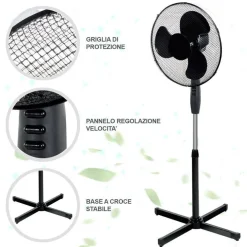 VENTILATORE A COLONNA PIANTANA 45W PALE 40CM 3 VELOCITÀ ALTEZZA REGOLABILE NERO