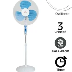 VENTILATORE A PIANTANA PALA 40CM BASE TONDA OSCILLANTE 3 VELOCITà TIMER 65W