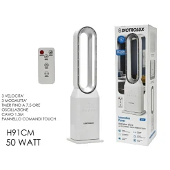 VENTILATORE A TORRE 91CM 50W BIANCO SENZA PALE SILENZIOSO OSCILLANTE DIGITALE TELECOMANDO