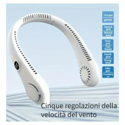 VENTILATORE DA COLLO PORTATILE DISPLAY 5 LIVELLI VELOCITÀ RICARICABILE USB SPORT
