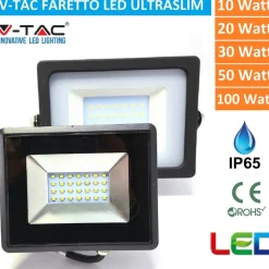 V-TAC FARO FARETTO LED SMD 10W 20W 30W 50W 100W SLIM DA ESTERNO IP65 COLORE NERO