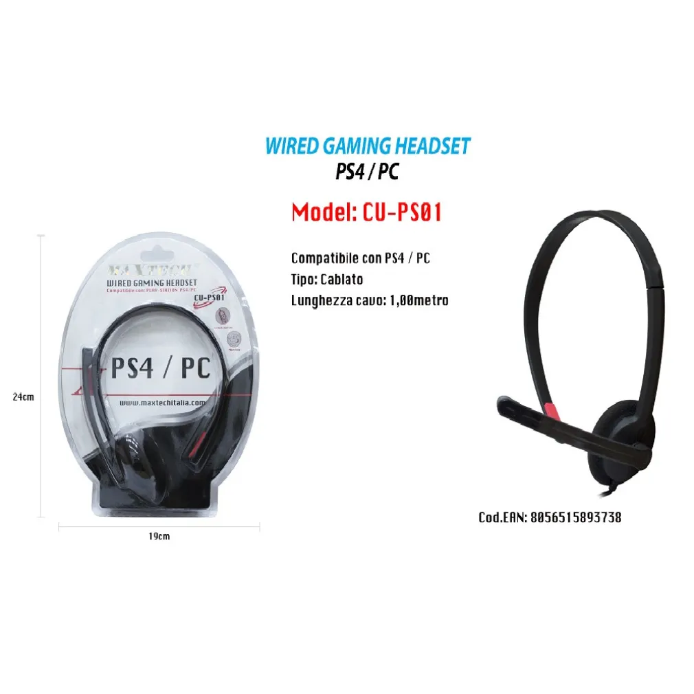 WIRED GAMING HEADSET COMPATIBILE CON PS4 / PC MICROFONO CUFFIA MAXTECH CU-PS01