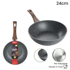 WOK PADELLA RIVESTIMENTO ANTIADERENTE ANTIGRAFFIO PER INDUZIONE MANICO LEGNO Ø24CM 043082M