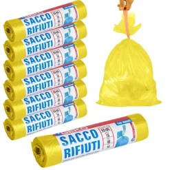 7X ROTOLI SACCHETTI BUSTE SPAZZATURA 40LT 55X65CM CHIUSURA LACCETTO GIALLO 105PZ