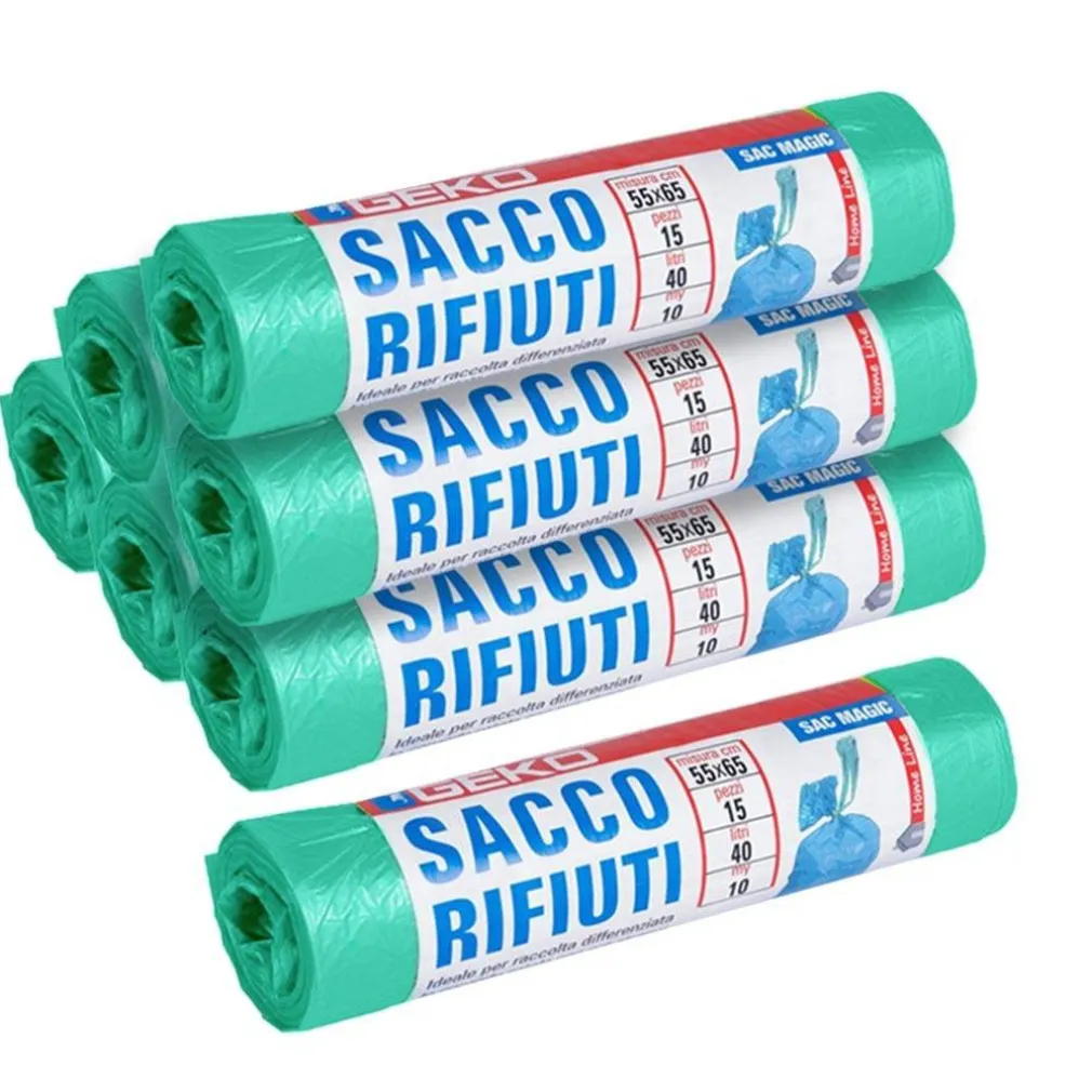 7X ROTOLI SACCHETTI BUSTE SPAZZATURA 40LT 55X65CM CHIUSURA LACCETTO VERDE 105PZ